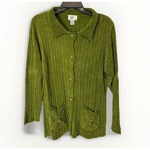 Vintage 90s Small Chenille Sweater Cardigan Peter Pan Collar Pockets Green Cozy